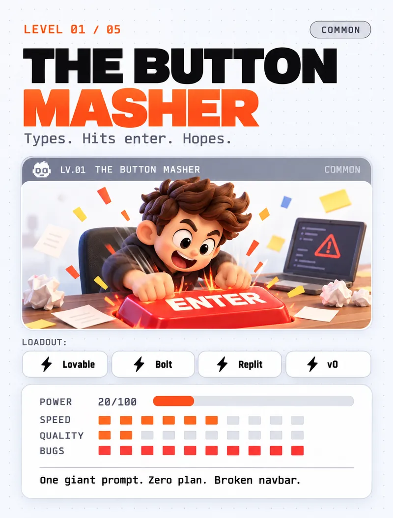 Level 01, The Button Masher — one giant prompt, zero plan, broken navbar. Loadout: Lovable, Bolt, Replit, v0