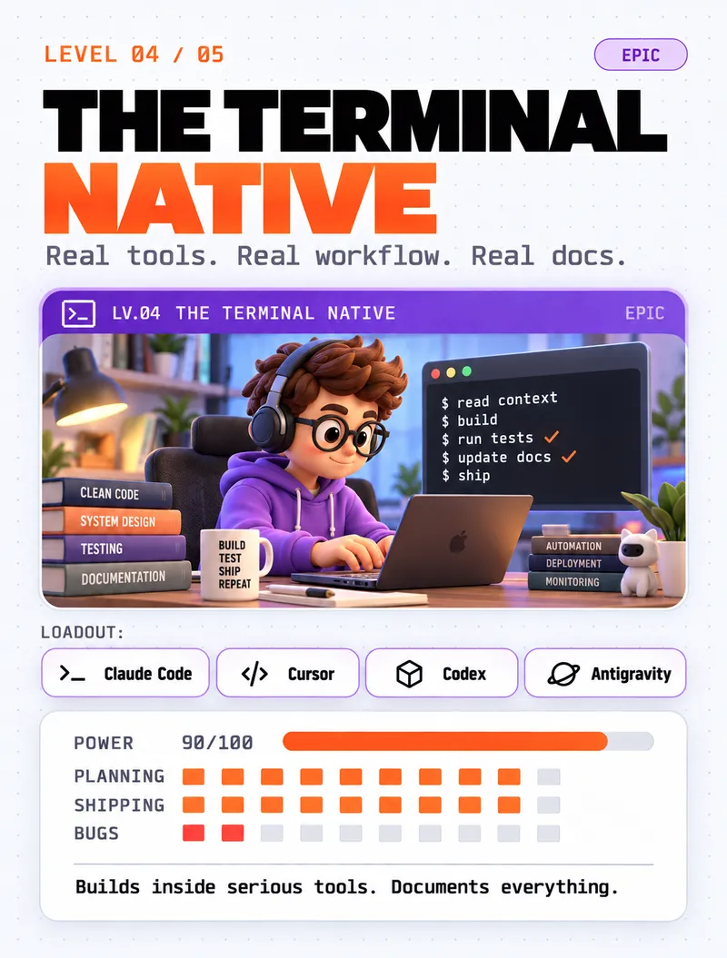 Level 04, The Terminal Native — builds inside serious tools, documents everything. Loadout: Claude Code, Cursor, Codex, Antigravity