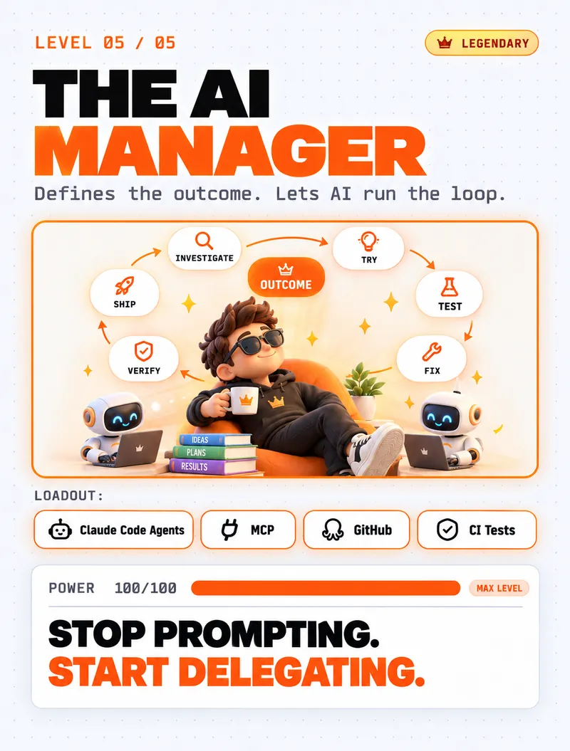 Level 05, The AI Manager — defines the outcome and lets AI run the loop: investigate, try, test, fix, verify, ship. Loadout: Claude Code agents, MCP, GitHub, CI tests