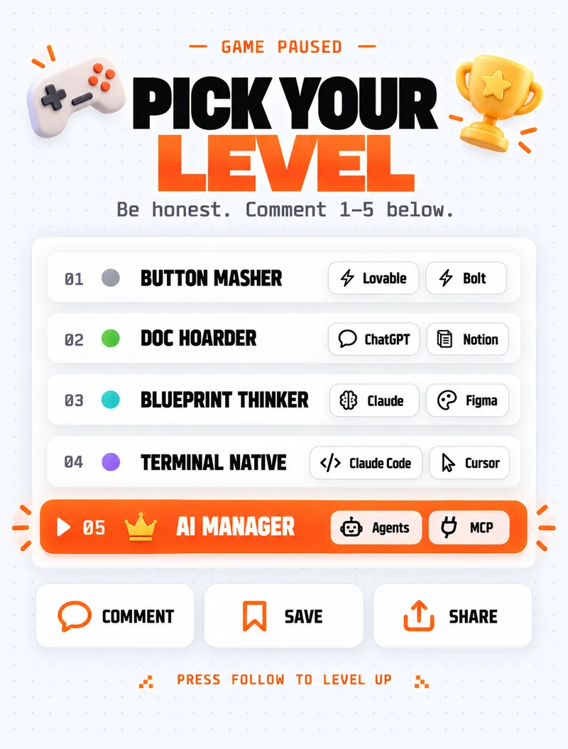 Game paused — pick your level: 01 Button Masher, 02 Doc Hoarder, 03 Blueprint Thinker, 04 Terminal Native, 05 AI Manager