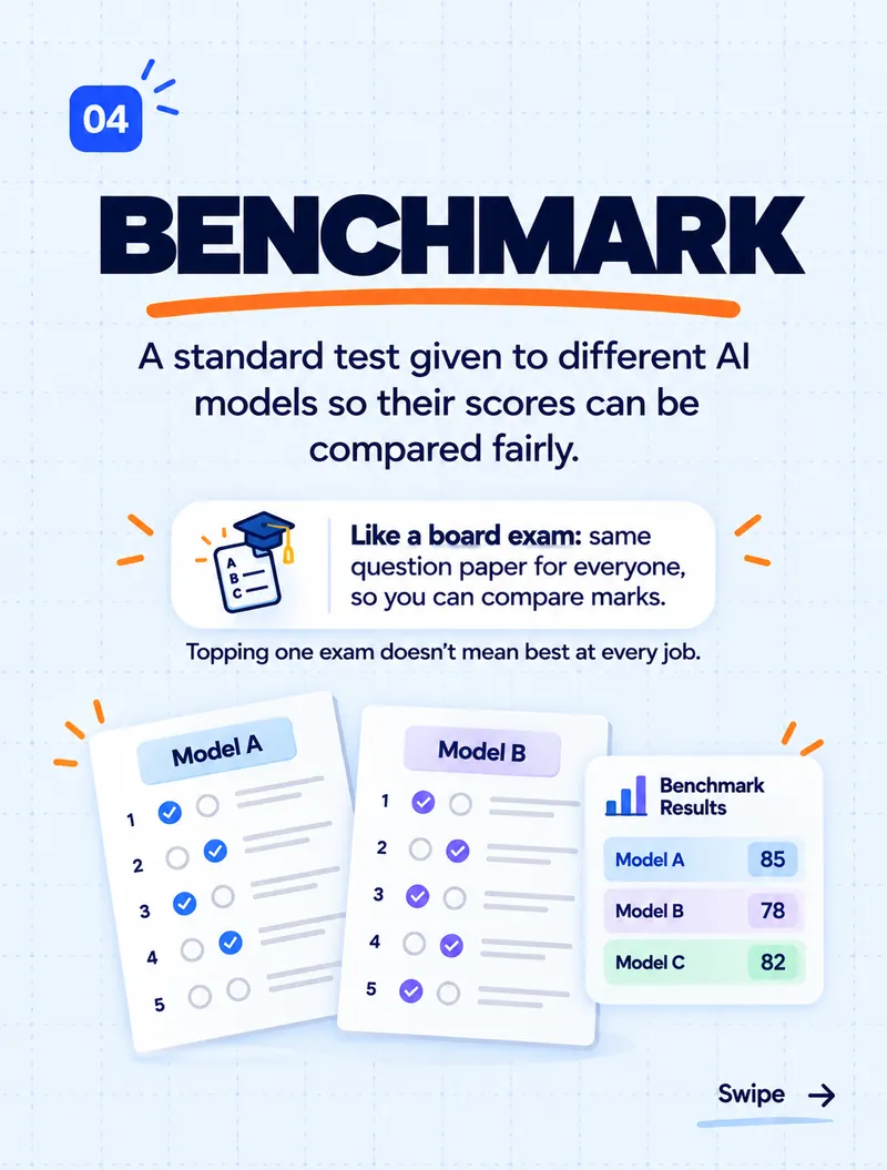 Benchmark: like a board exam — the same question paper for every AI model so scores can be compared