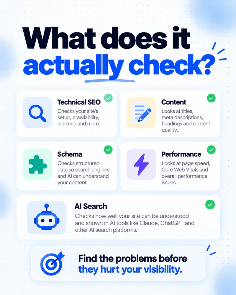 What does it actually check: technical SEO, content, schema, performance and AI search