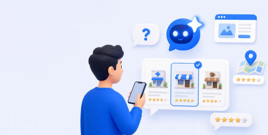 Illustration: a person asks an AI assistant for a recommendation and the answer shows three local businesses, with one highlighted and ticked