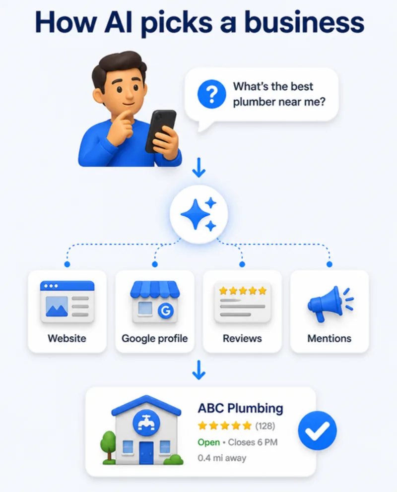 How AI picks a business: it reads your website, Google profile, reviews and mentions, then recommends one business