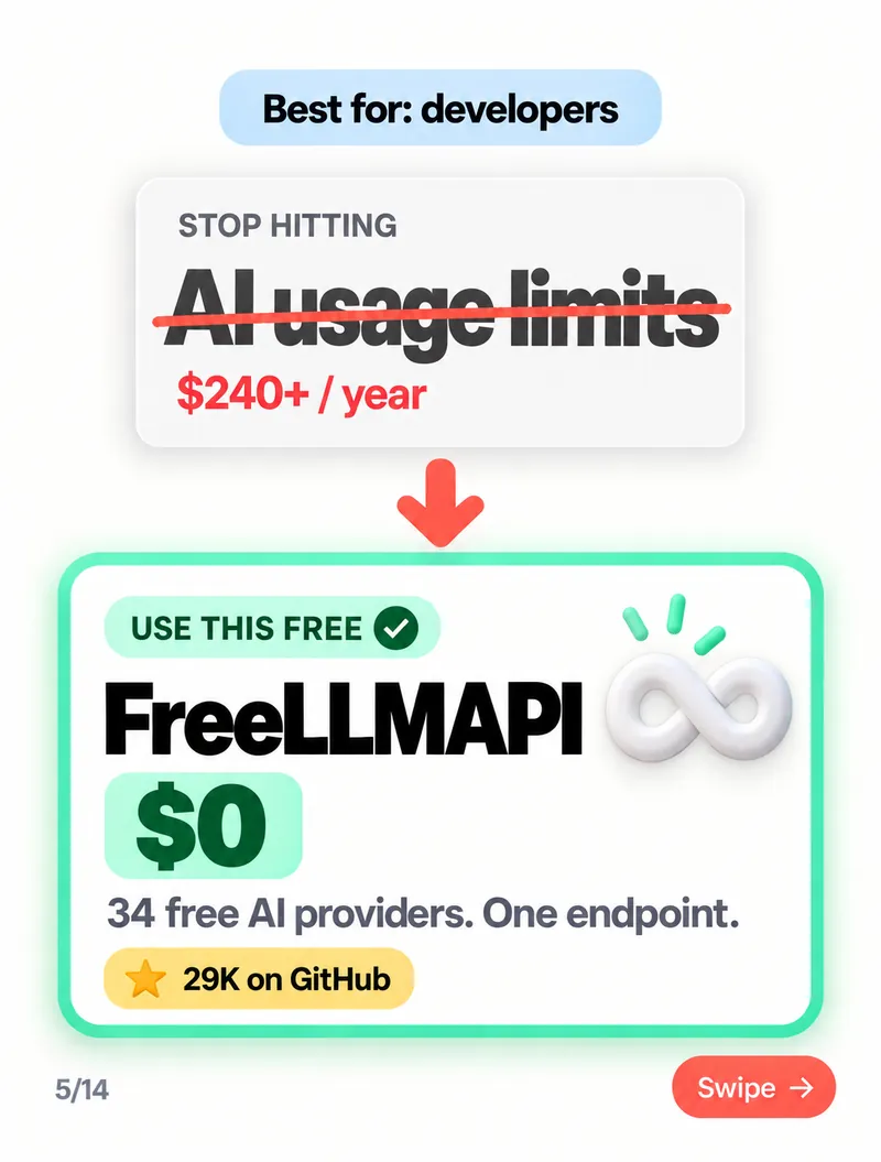Stop hitting AI usage limits — use FreeLLMAPI free: 34 free AI providers, one endpoint