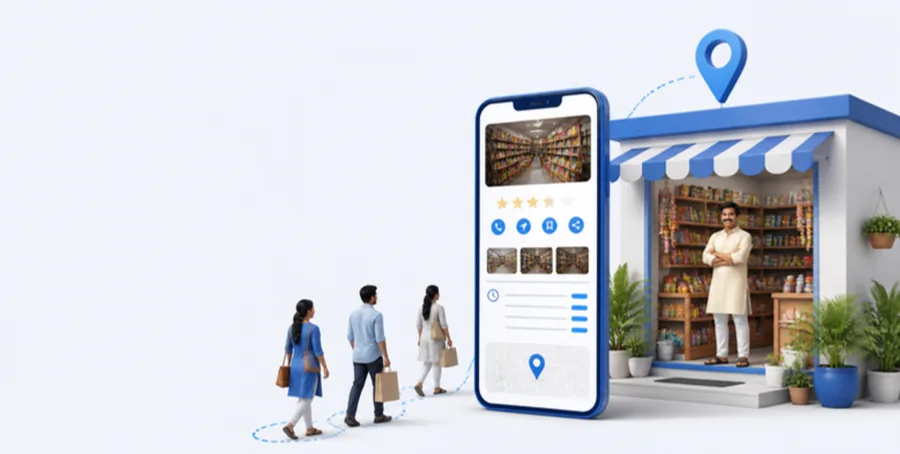Illustration: a small shop with a Google Maps listing above it showing stars, photos and opening hours, and customers following the map pin to the door
