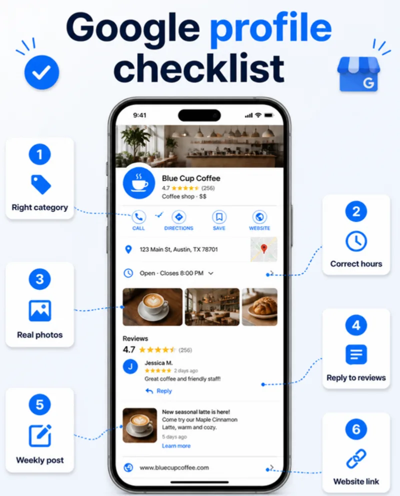 Google profile checklist: right category, correct hours, real photos, reply to reviews, weekly post, website link