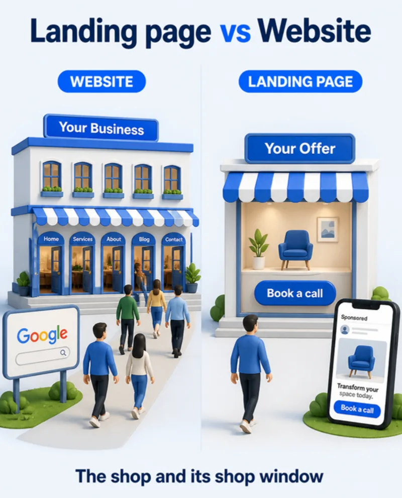 Illustration: a website is a full shop with Home, Services, About, Blog and Contact doors that visitors find through Google; a landing page is one shop window with one offer and a Book a call button that visitors reach from an ad