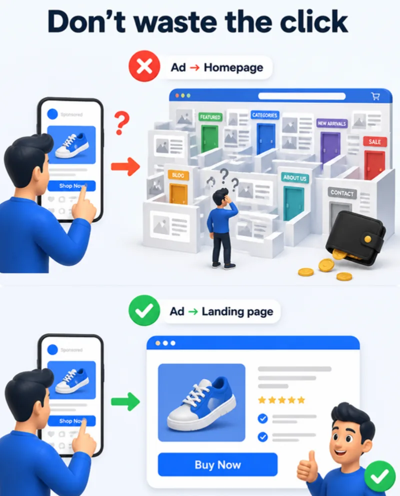 Don't waste the click: an ad sent to a busy homepage leaves the visitor lost in a maze of pages, while an ad sent to a landing page gives them one clear Buy Now button
