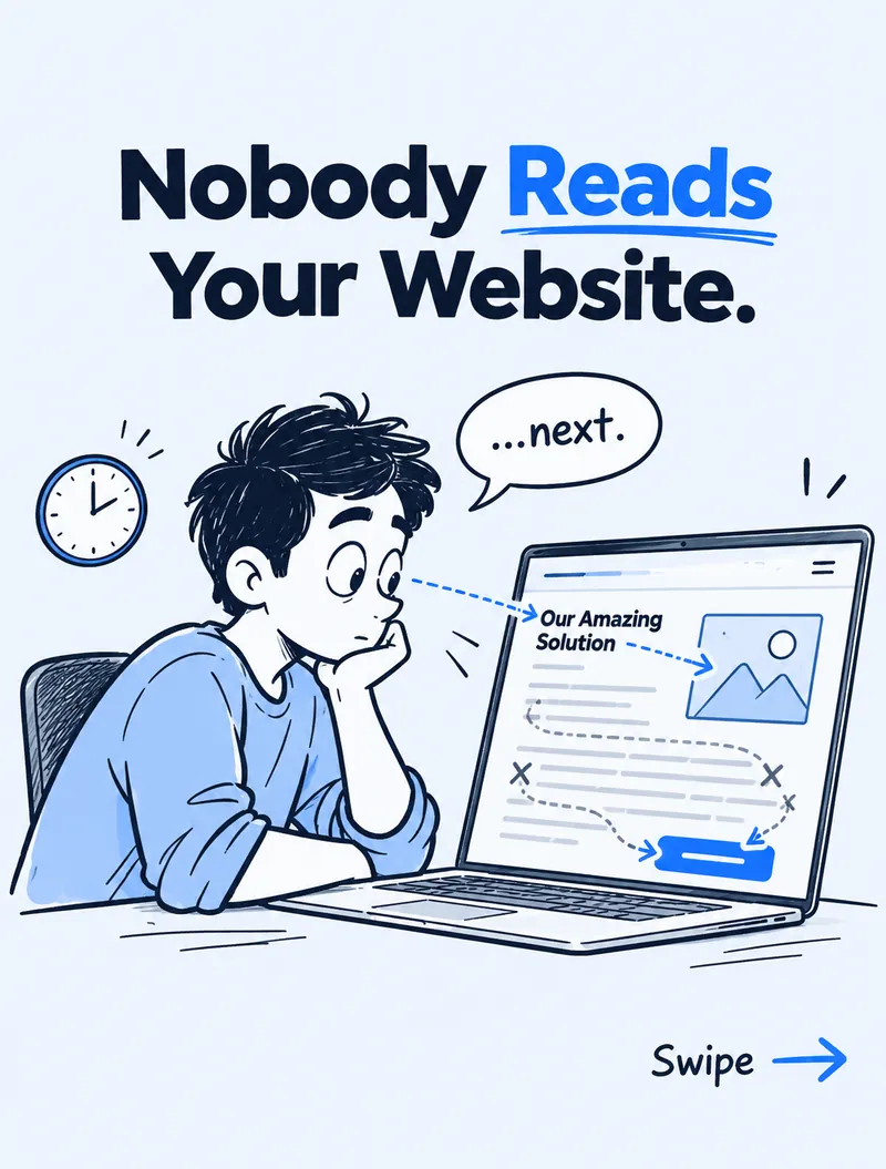 Illustration of a visitor skimming a website, eyes jumping between the headline, image and button