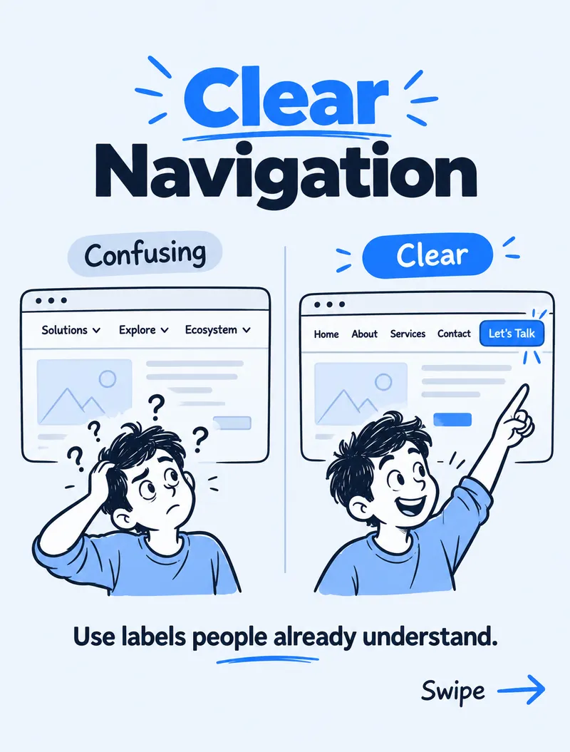 Confusing menu with Solutions, Explore and Ecosystem dropdowns next to a clear menu with Home, About, Services and Contact