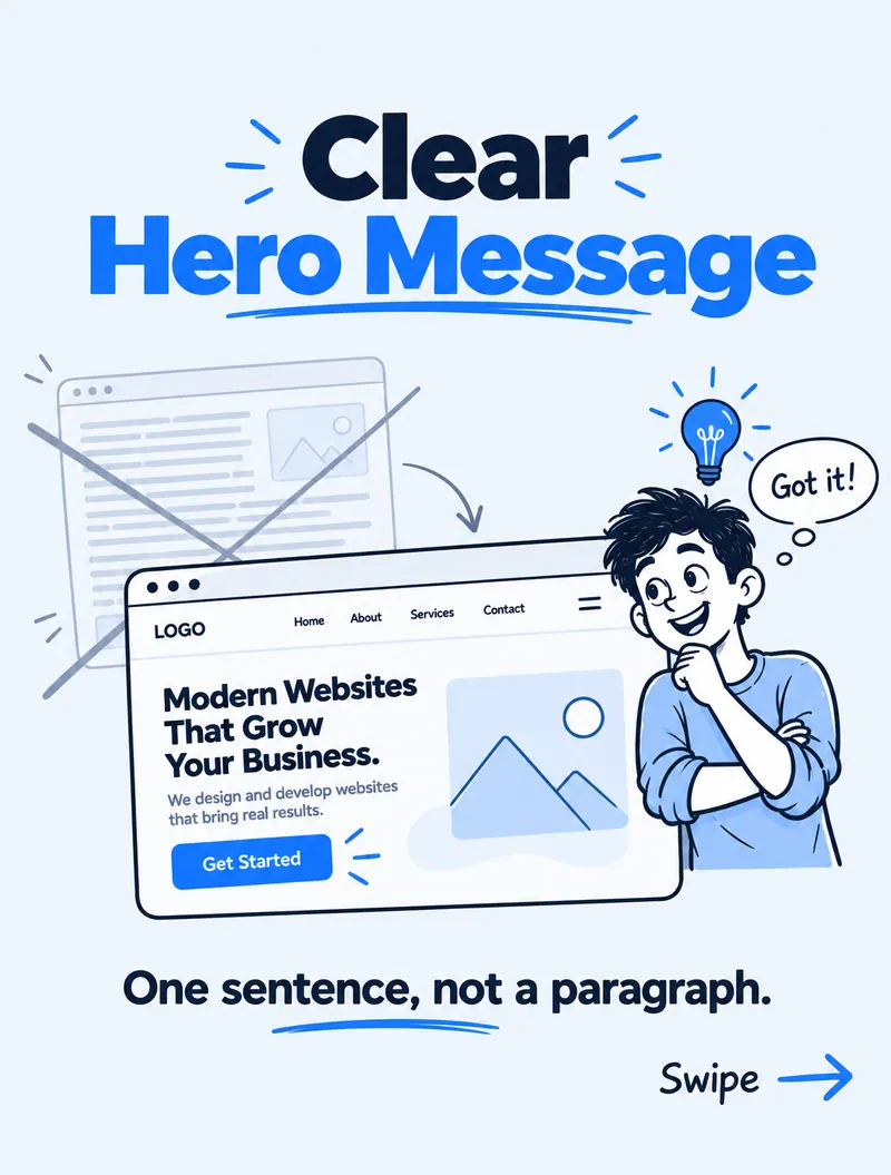 A crowded hero section crossed out next to a clean hero reading Modern Websites That Grow Your Business with a Get Started button