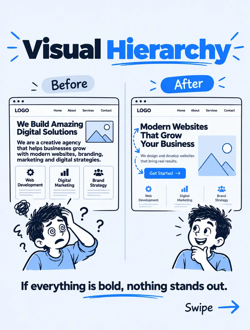 Before: a cluttered page where every line competes. After: the same page with a clear headline, short supporting text and one highlighted button
