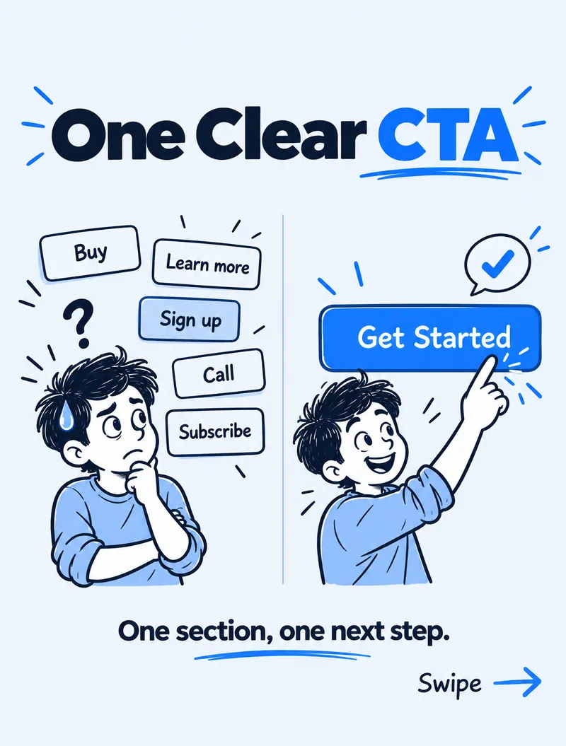 A confused visitor facing five buttons next to a happy visitor clicking a single Get Started button