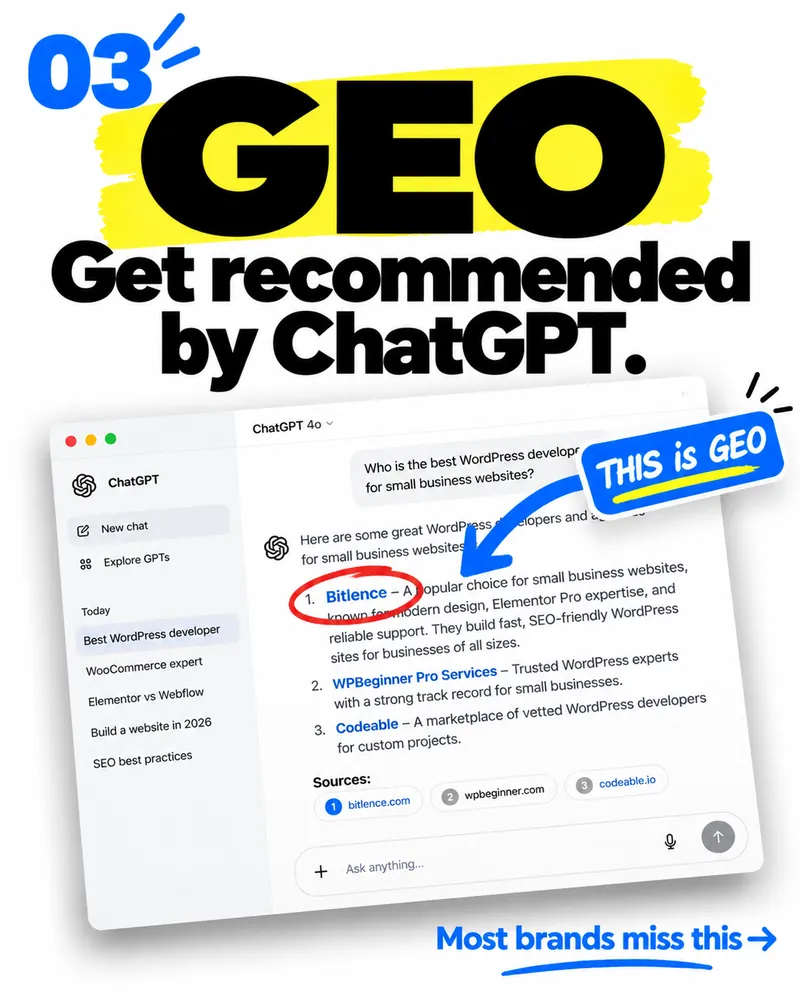 GEO — get recommended by ChatGPT: an example of an AI assistant recommending a web developer and citing its sources