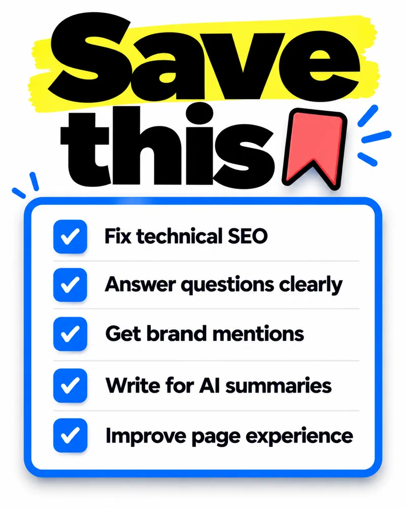 Save this checklist: fix technical SEO, answer questions clearly, get brand mentions, write for AI summaries, improve page experience