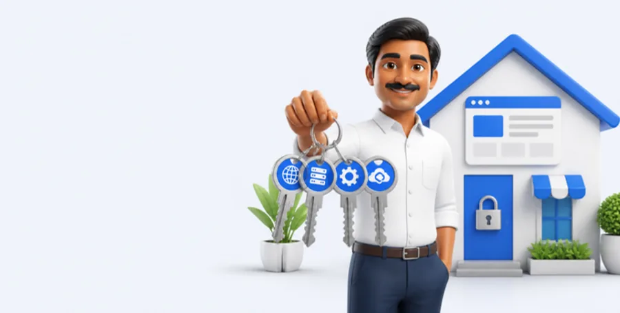 Illustration: a business owner holding a key ring with four keys — domain, hosting, website admin and backup — in front of a locked website