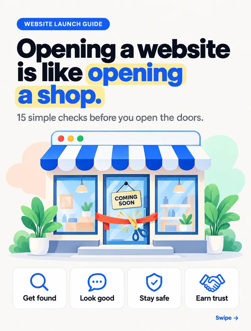 Opening a website is like opening a shop — 15 simple checks before you open the doors: get found, look good, stay safe, earn trust
