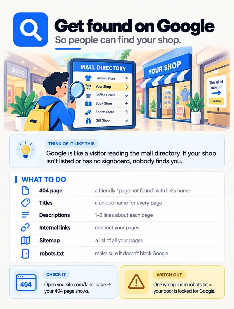 Get found on Google — 404 page, titles, descriptions, internal links, sitemap and robots.txt
