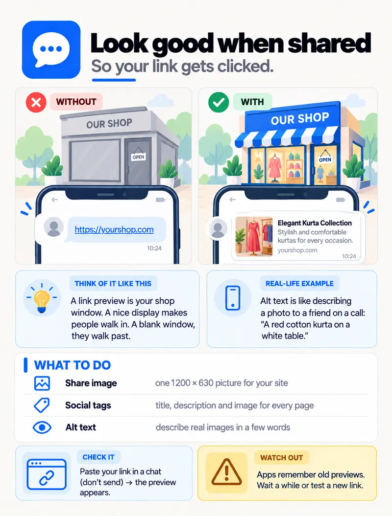 Look good when shared — a bare link versus a rich preview with image, title and description; share image, social tags and alt text