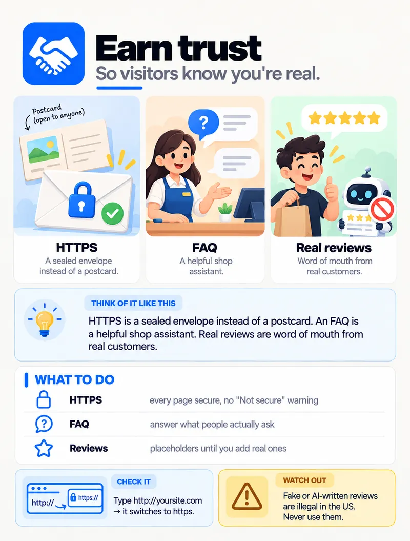 Earn trust — HTTPS, FAQ and real reviews