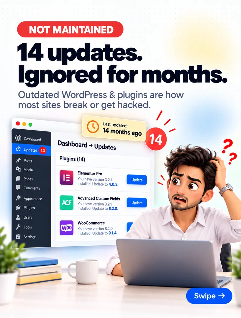 14 WordPress updates ignored for months — outdated plugins are how most sites break or get hacked