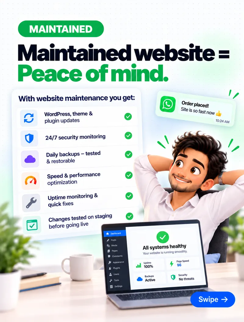Maintained website equals peace of mind: updates, security monitoring, tested backups, speed, uptime monitoring and staging